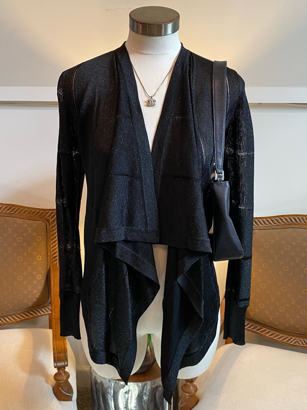 Vintage Cache Y2K Black Draped Open-Front Rayon Metallic Cardigan S Fairycore